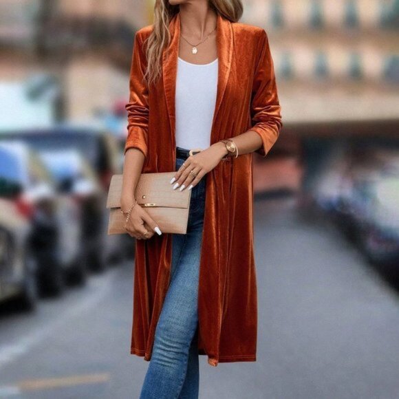 Casual Boho Shawl Collar Open Front Velvet Coat duster  Burnt Orange - Picture 4 of 5